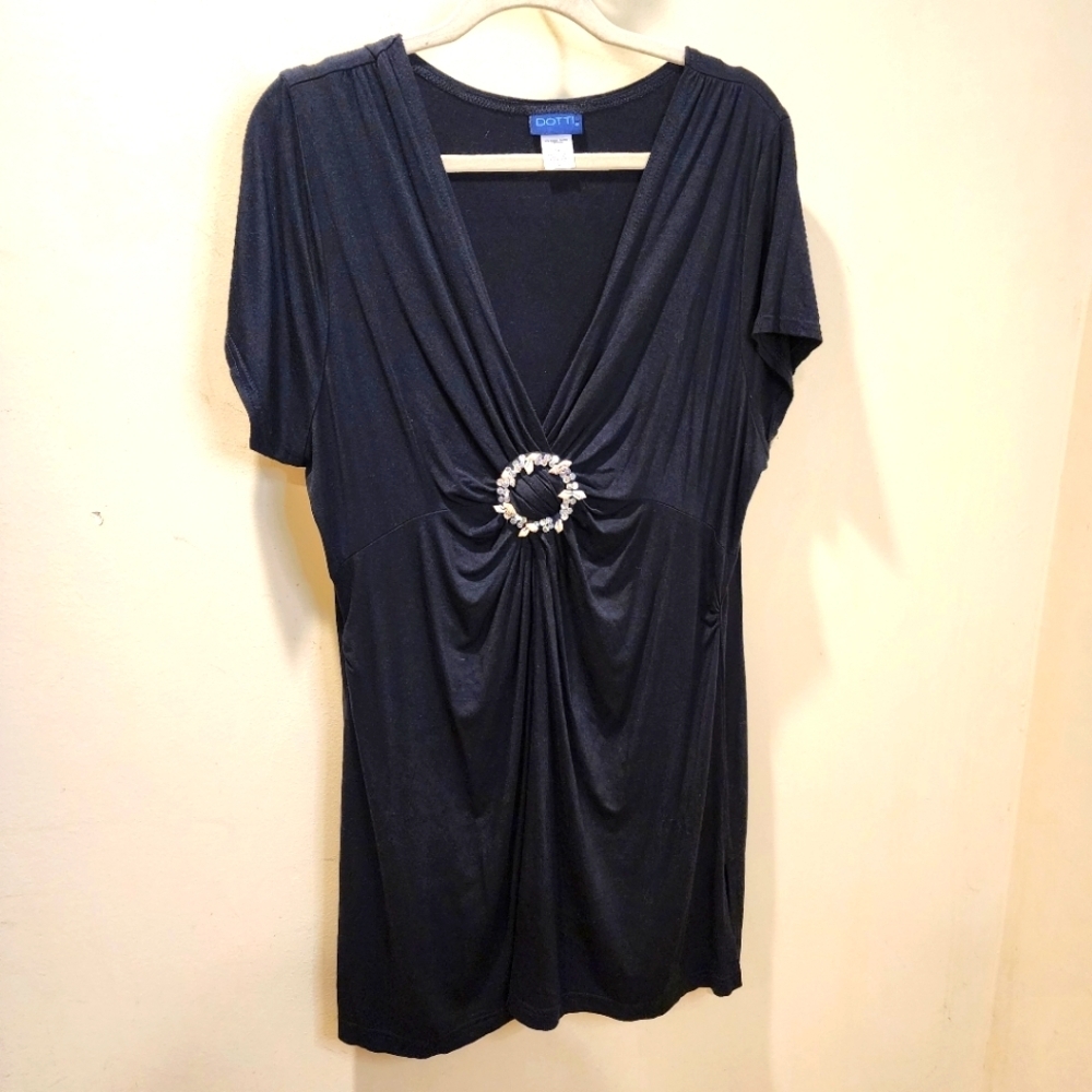 DOTTI Elegant Black Short Sleeve Top with Embellished Ring Size 1X